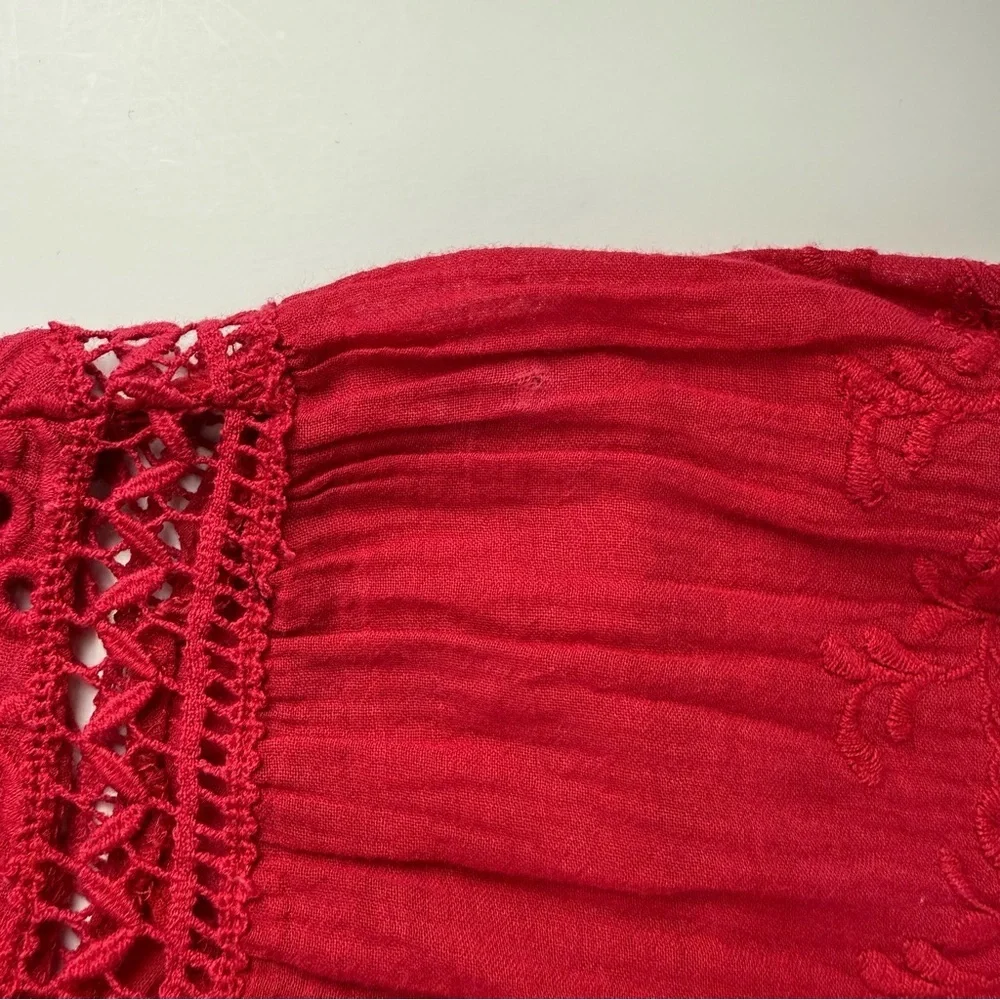 Free People Abigail Top Womens Size XS Red Eyelet Victorian Shirt Back Button